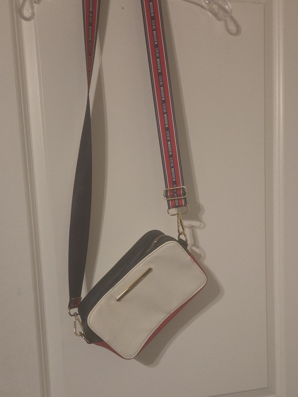 Steve Madden White Black Red Crossbody Bag with Striped Strap